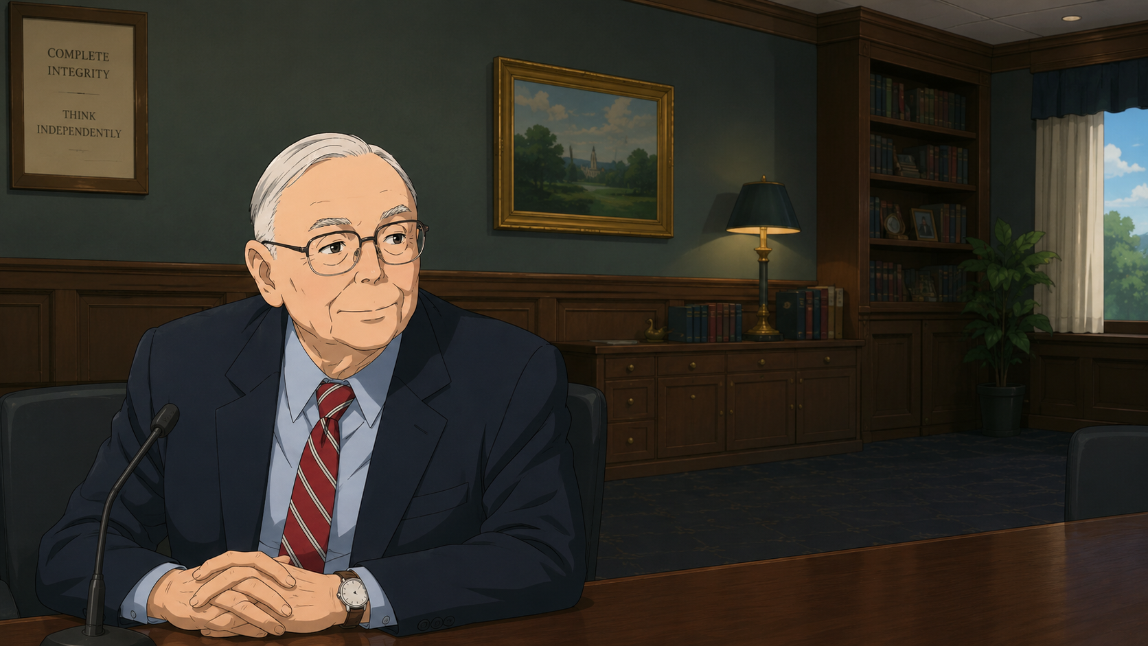 Illustration of Warren Buffett seated in a wood-panelled office and library.